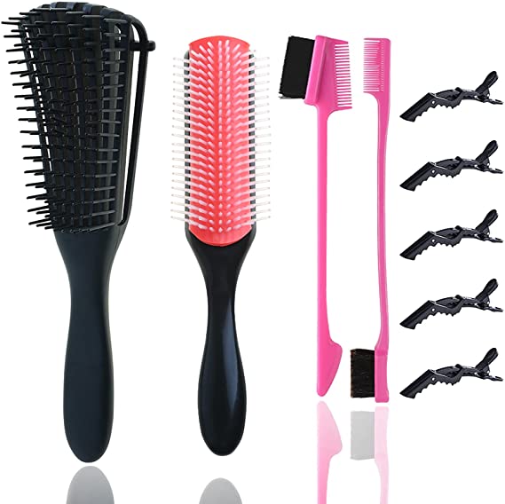 4 Pieces Detangling Brush Set, 9-Row Cushion Nylon Bristle Styling Brushes Detangler Brush with 2 different Edge Brush Double Sided   5 Hair Clips for Shaping & Defining Curls-Blow-Drying- Black