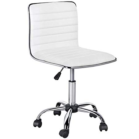 Yaheetech Adjustable Task Chair PU Leather Low Back Ribbed Armless Swivel White Desk Chair Office Chair Wheels