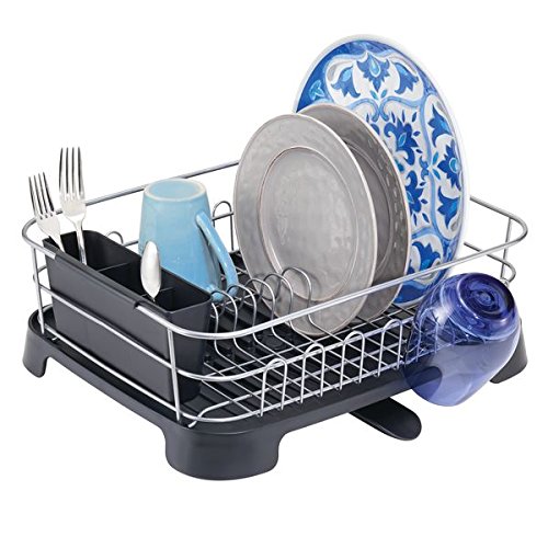 mDesign Kitchen Counter Dish Drainer Rack with Swivel Spout and Utensil Caddy –Silver/Black