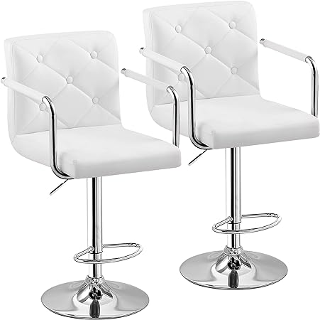 VECELO Adjustable Bar Stools Set of 2,Swivel PU Leather Counter Height Barstool with Back and Arms for Kitchen/Island, White