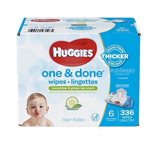 HUGGIES ONE & DONE Cucumber and Green Tea Scented Baby Wipes, Hypoallergenic (6X Soft Packs, 336 Count)