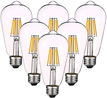 Dimmable 6W LED Edison Bulb 4000k (Daylight White) 600LM, 60W Equivalent E26 Medium Base, ST64(ST21) Vintage LED Filament Bulbs, Clear Glass Cover, Pack of 6(2 Year Warranty)