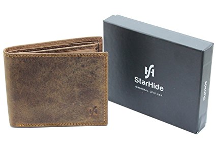 STARHIDE MENS DISTRESSED HUNTER BROWN LEATHER COIN POCKET TRIFOLD WALLET GIFT BOXED 1060