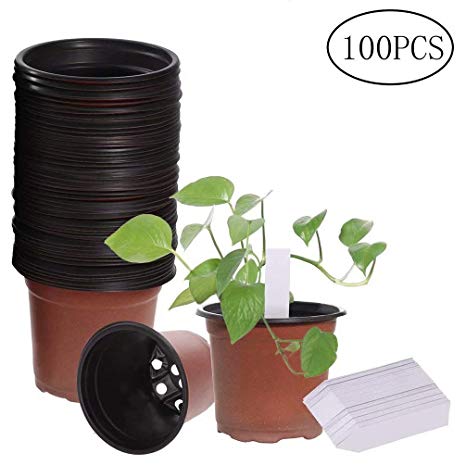 100 Packs 4" Plastic Flower Seedlings Nursery Pot/pots,100 PCS Waterproof Plastic Nursery Garden Labels Plant Tags