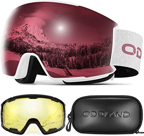 Odoland Magnetic Interchangeable Ski Goggles Set with 2 Lens, Anti-Fog 100% UV Protection Snowboard Snow Goggles Men Women