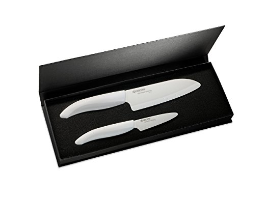 Kyocera Advanced Ceramics – Revolution Series 2-Piece Ceramic Knife Set: Includes a 5.5-inch Santoku Knife and a 3-inch Paring Knife; White Handles with White Blades, Gift Box