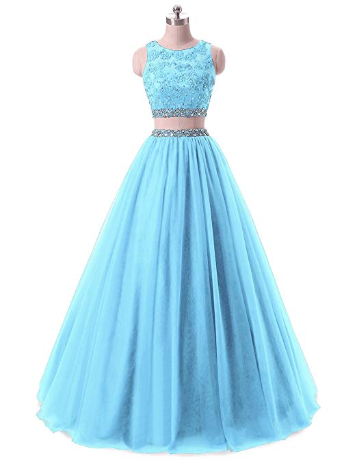 HEIMO Women's Long 2 Pieces Lace Sequined Evening Party Gowns Beaded Appliques Formal Prom Dresses H127