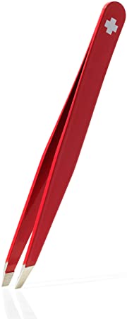 Rubis Hair Tweezers with Classic Slanted Tweezer Tip | Stainless Steel Tweezers for Plucking Eyebrows, Hairs, Moustache Hairs, and More | Perfectly Sculpted Eyebrows Every Time (red)
