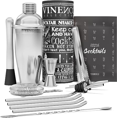 Cocktail Shaker Set   Recipes Book - Premium Stainless Steel Bar Kit: Strainer, Double Jigger, Mixing Spoon | Pro Bartender Making Drinks - Mojito Martini Gin Tonic Maker | Party Gift Box, Women Men