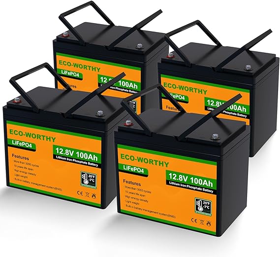 ECO-WORTHY 12V 100Ah 4Pack (Pack in Series to 48V 100Ah) LiFePO4 Lithium Battery, Up to 15000 Deep Cycles, Built-in BMS, for Golf Cart, Off-Grid Solar System, RV, Scooter