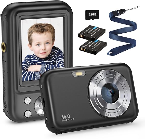 Digital Camera, FHD 1080P Kids Camera 44MP Point and Shoot Camera 16X Zoom Compact Small Photography Camera for Kids with 32G Card & 2 Batteries Portable Camera Gift for Boys Girls Teens (Black)