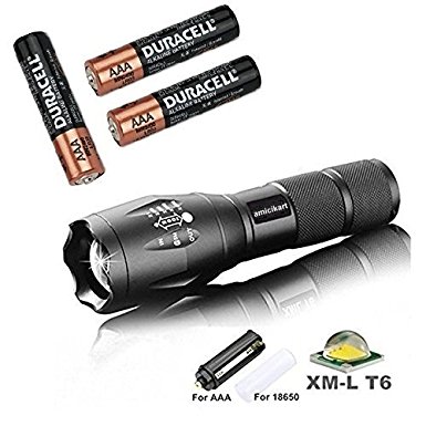 amiciKart® LED Torch Flashlight 3800 Lumens, XML T6 Water Resistance 5 Modes Adjustable Focus For Camping Hiking With with Free 3 AAA Duracell Batteries