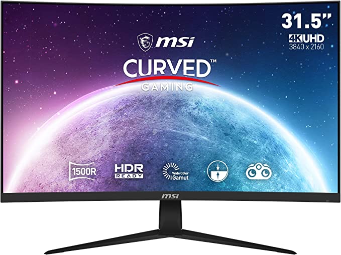 MSI G321CUV Curved 4K Gaming Monitor - 31.5 Inch, 16:9 UHD (3840 x 2160), VA, 60Hz, 4ms, 1500R, FreeSync, DisplayPort, HDMI, Wide Color Gamut, Anti-Flicker, Less Blue light, Night Vision, Black