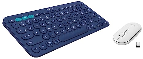 Logitech K380 Wireless Multi-Device Keyboard for Windows(Blue) & Pebble M350 Wireless Mouse with Bluetooth or USB - Silent, Slim Computer Mouse with Quiet Click for Laptop