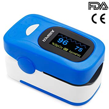 Jumper 500A Fingertip Pulse Oximeter Blood Oxygen Saturation SPO2 Monitor 4 OLED Display with Silicon cover Lanyard Batteries(Blue)