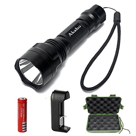LED Tactical Flashlight,Akaho Ultra Bright XML T6 Outdoor Waterproof C8 Torch with 18650 Rechargeable Battery and AC Charger, 5 Modes, For Hiking, Camping, Emergency
