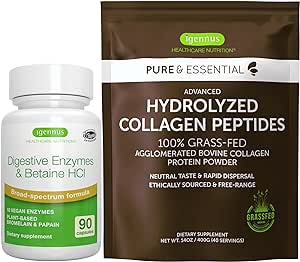 Advanced Digestive Enzymes & Betaine HCl + 100% Grass Fed Bovine Collagen Powder, Digestive Support, by Igennus