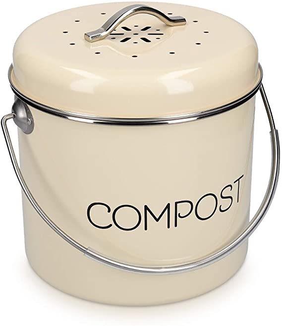 Navaris Compost Bin for Kitchen Counter - 1.3 Gallon (5L) Metal Countertop Indoor Composter Bucket with Charcoal Filter and Lid - Cream, Size Medium