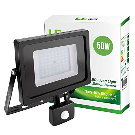 LE 50W LED Motion Sensor Flood Lights, 150W HPS Bulb Equivalent, 4000lm Waterproof IP65 Outdoor Security Lights, Smart PIR Floodlight, Daylight White 6500K Wall Washer Light