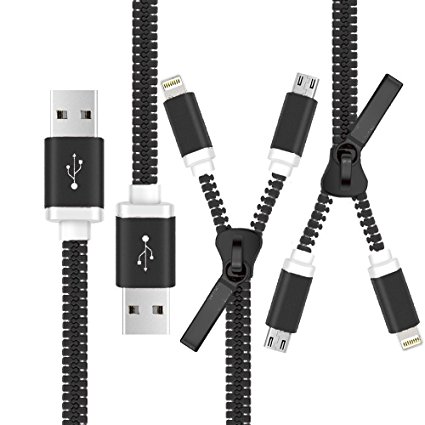 Lauco 15.7 Inch Sync & Charging Data Cable Tangle-free 2-IN-1 Zipper Cable with 8-Pin Lighting & Micro USB Connector for IOS/Android Devices, Black