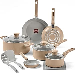 T-fal Ceramic Refresh, Ceramic Non Stick Cookware Set 12 Piece, Oven Broiler Safe 350F, Kitchen Cooking Set w/Egg Pan, Fry Pans, Saucepans, Dutch Oven & Kitchen Utensils, Pots and Pans Set, Sand Dune