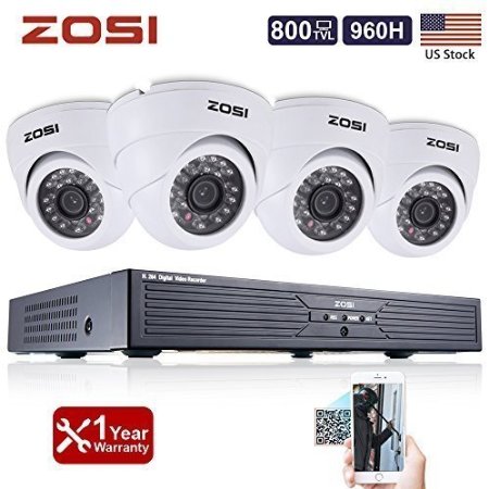 ZOSI 4CH Full D1 960H Recording Home CCTV DVR 4PCS HD 800TVL 24IR Indoor DayampNight Color CMOS Cameras 65ft Night Vision Surveillance Smart Security Kit NO HDD