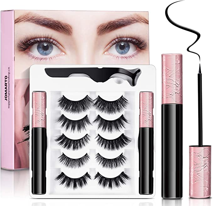 5 Pairs Reusable Magnetic Eyelashes and 2 Tubes of Magnetic Eyeliner Kit, Upgraded 3D Magnetic Eyelashes Kit With Tweezers Inside, Magnetic Eyeliner and Magnetic Eyelash Kit - No Glue Needed