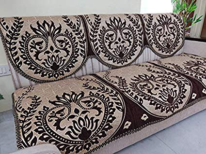 Griiham Premium Quality Reversible Anti-Skid Jacquard Sofa Cover Floral Design Coffee Brown - (3 1 1) AT02