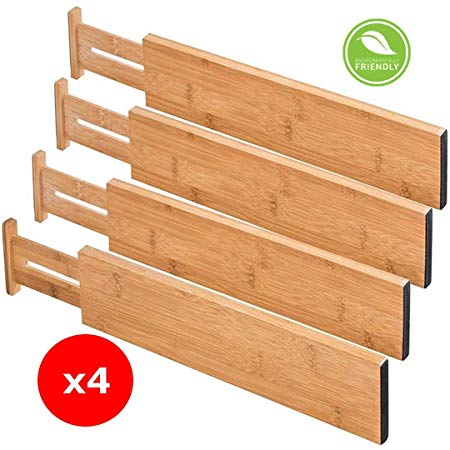 REAL Kitchen Bamboo Drawer Dividers | Set of 4 Premium Drawer Organizer | 100% Real Organic Bamboo | Life Time Replacement | Perfect for Kitchen, Dresser, Bedroom, Baby Drawer, Bathroom, Desk