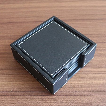 PINMEI Black Leather Drink Coasters with Holder Set of 6, Square, 10x10CM(3.94inch)