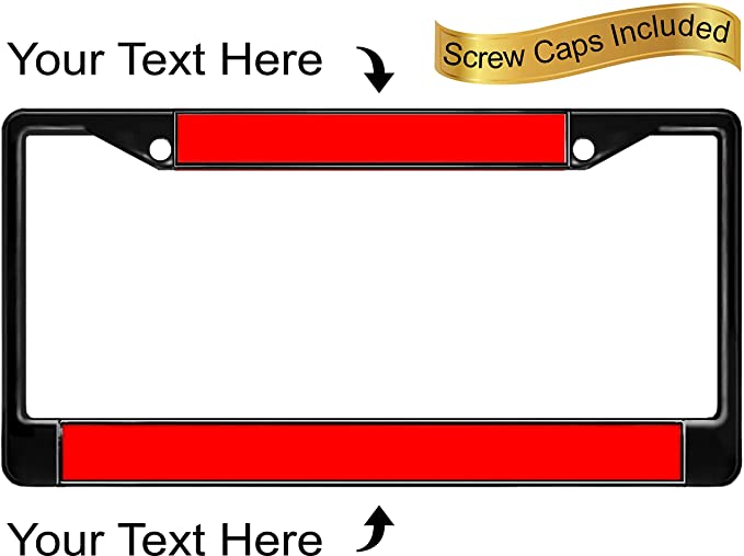 Custom Personalized Black Metal Car License Plate Frame with Free caps - Red / Black Text (Qty: 1 Frame)
