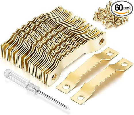 YHYZ Sawtooth Picture Hangers Bulk (Small ), 60pcs Gold Sawtooth Hangers / Hooks with 120pcs Screws   Screwdriver, for Picture Frame Painting Photos Artwork Clock Home Decoration (60 Sets, Small)