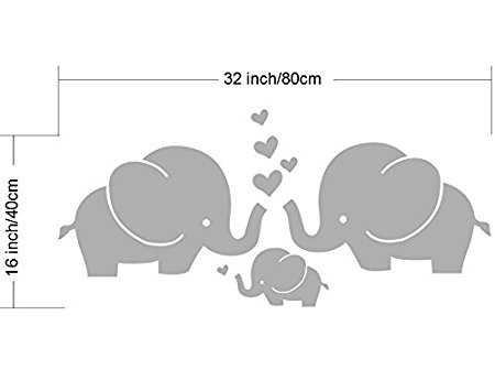 Elephant Wall Decals Cute Elephant Family With Hearts Wall Decals Baby Nursery Decor Kids Room Wall Stickers, 32''w x13''h, Grey
