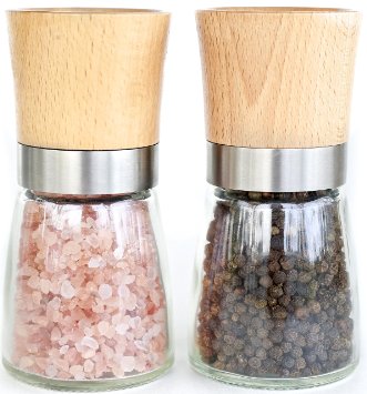 Salt and Pepper Shakers - Wood and Glass Salt and Pepper Grinder Set with Adjustable Coarseness - Wood Salt and Pepper Mill Pair
