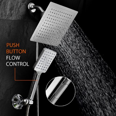 DreamSpa® Ultra-Luxury 9" Rainfall Shower Head / Handheld Combo. Convenient Push-Button Flow Control Button for easy one-handed operation. Switch flow settings with the same hand! Premium Chrome