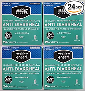 Berkley Jensen Anti-Diarrheal Medicine Loperamide Hydrochloride Tablets 2 mg - 4 Pack of 24 CAPLETS Each
