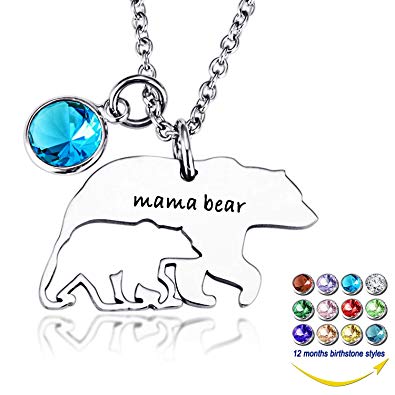 YOUFENG Mom Necklace Mama Bear Necklaces Pendant 12 Months Birthstone Jewelry for Women Girls