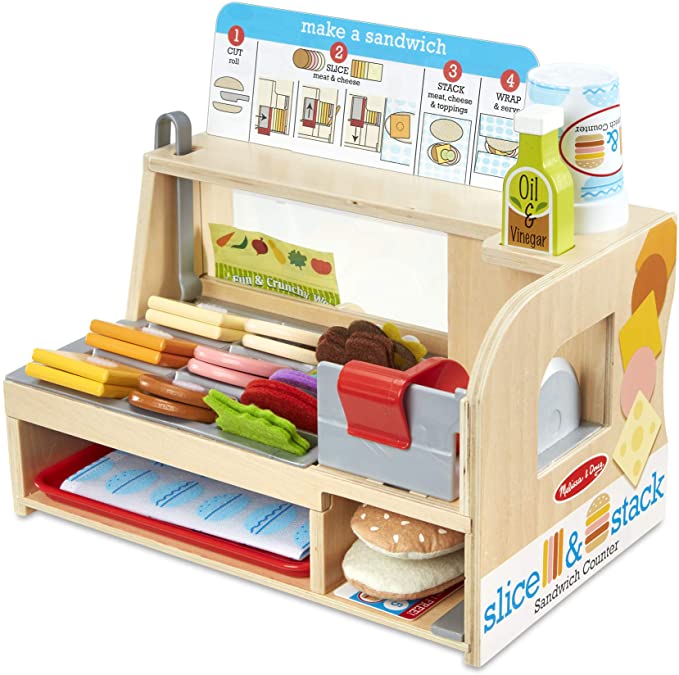 Melissa & Doug Wooden Slice & Stack Sandwich Counter with Deli Slicer – 56Piece Pretend Play Foodpiece, Multi