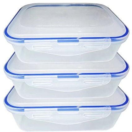 Food Storage Containers with Lids, 100% Leak Proof, Plastic Containers with Snap Locking Lid, Plastic Lunch Box BPA Free, Microwave, Freezer and Dishwasher Safe, Clear, 3 Piece Set