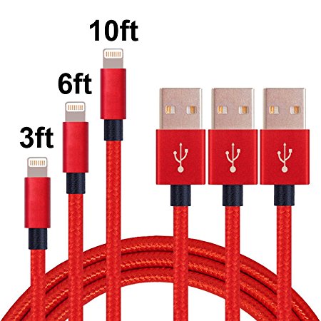 3Pcs 1M/2M/3M Extra Long Nylon braided Charging Cable Data & Sync Charging Cord 8-Pin Lightning to USB Charger Cable for iPhone6,6s, 6 Plus,6s Plus(RED)