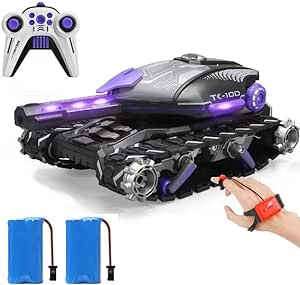 KINGCOO 1:16 Scale RC Tank Car, Shooting Water Bomb RC Tank, 2.4 Ghz Gesture Sensing 4WD Tracked Combat Stunt Vehicle, 360° Rotating Shooting, Toy Birthday Gift for Kids 6-15 Years Old (Black Purple)