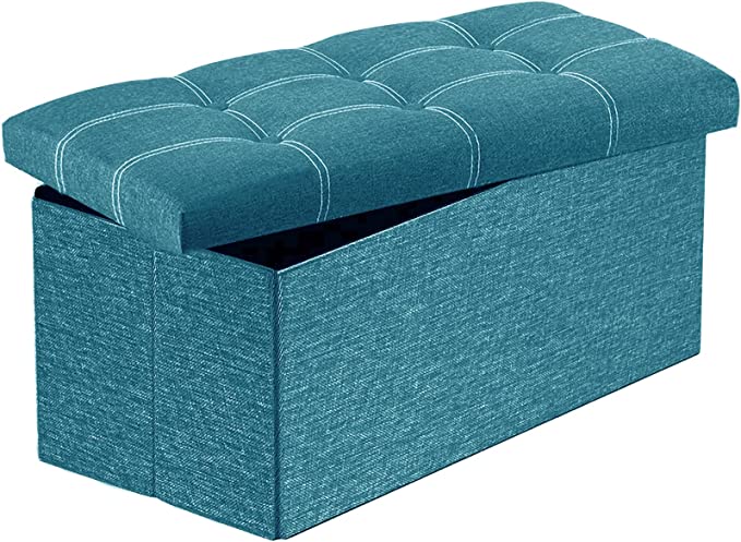 Cuyoca Storage Ottoman Beach Foldable Seat Footrest Shoe Bench End of Bed Storage, 80L Storage Space, 30 inches Linen Fabric Teal