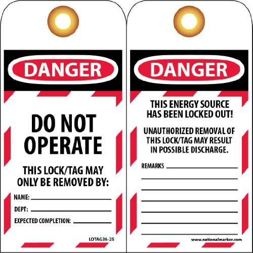 NMC LOTAG36-25 Lockout Tag, "DANGER - DO NOT OPERATE," 6" Height x 3" Width, Unrippable Vinyl, Red/Black on White (Pack of 25)