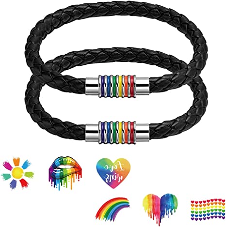 LGBT Bracelet, 2 Pcs Gay Pride Titanium Stainless Steel Rainbow Enamel Braided Leather Bracelet with Rainbow Tattoos for Men Women