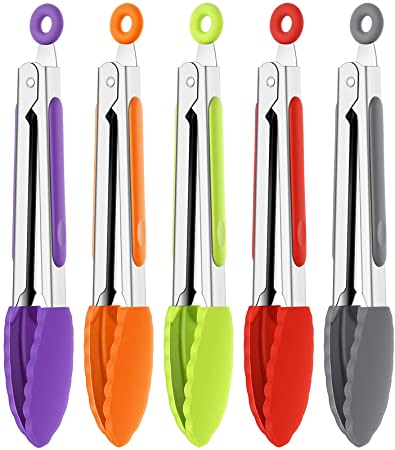 Mudder Tongs 5 Pieces 7 Inch Mini Kitchen Tongs with Silicone Tips Small Serving Stainless Steel Cooking Tongs for Salad Grilling Frying, 5 Colors