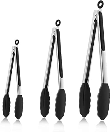 Kitchen Cooking Tongs 3 Packs, Xpatee Silicone Kitchen Tongs (7/9/ 12 in), Stainless Steel Tongs with Silicone Tips for Cooking, Serving, BBQ Grill and Salad (Black)