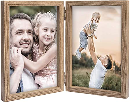 4x6 Picture Frames Double Hinged MDF Wood Grain with Glass Front Stand Vertical on Tabletop