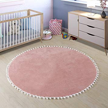 LEEVAN Faux Wool Round Rug Shaggy Nursery Rug Cute Pom Pom Fringe Baby Crawling Mat Kids Play Non-Slip Floor Carpet for Living Room Bedroom Sofa Teepee Tent Decor, 4ft-Pink