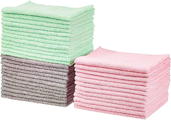 AmazonBasics Green, Gray and Pink Microfiber Cleaning Cloth, 36-Pack