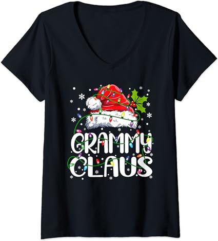 Womens Grammy Claus Shirt Christmas Lights Pajama Family Matching V-Neck T-Shirt